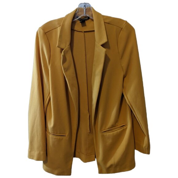 Womens Mustard Yellow Open Front Blazer Jacket Longline Office School Classic L - Picture 8 of 11